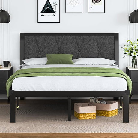 Twin Size Metal Bed Frame with Faux Leather Button Tufted Headboard,