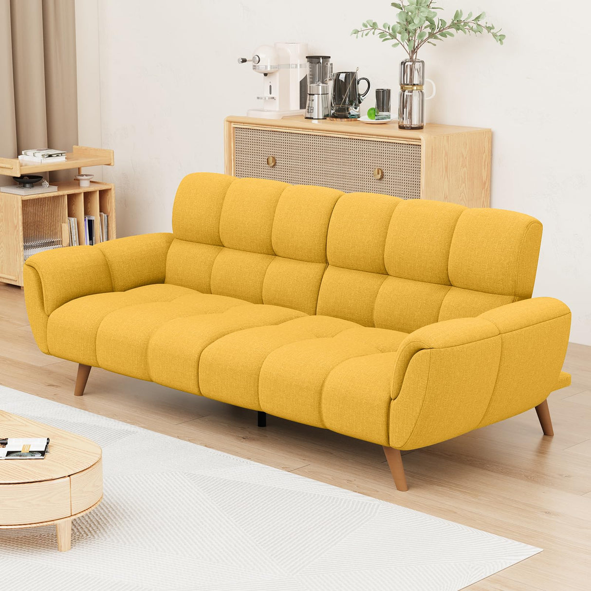 saows Futon Sofa Bed, Convertible 76.77" Modern Linen Futon Couch, Comfy Sleeper Sofa with Adjustable Backrests, Couch Bed for Small Spaces, Living Room, Bedroom, Apartment, Yellow