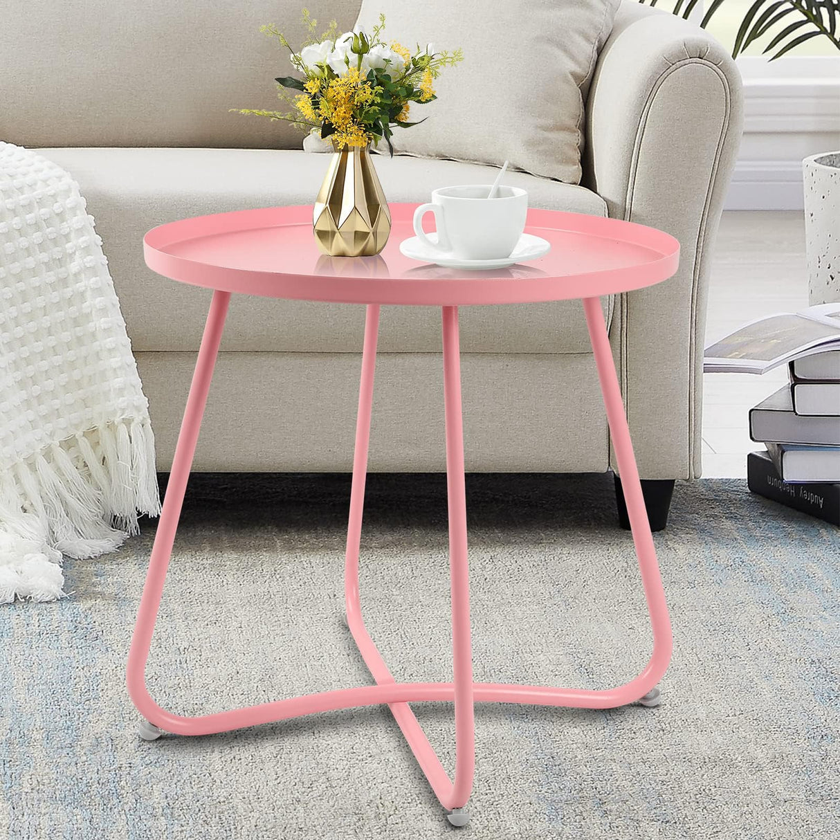Outdoor Side Table, Small Round Patio Table Weather Resistant Steel, Small Accent End Table