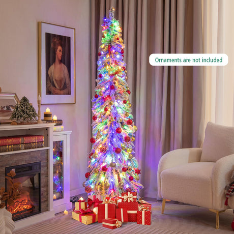 6ft Pre-Lit Flocked Christmas Tree, Artificial Slim Xmas Tree with 407 PVC Branch Tips