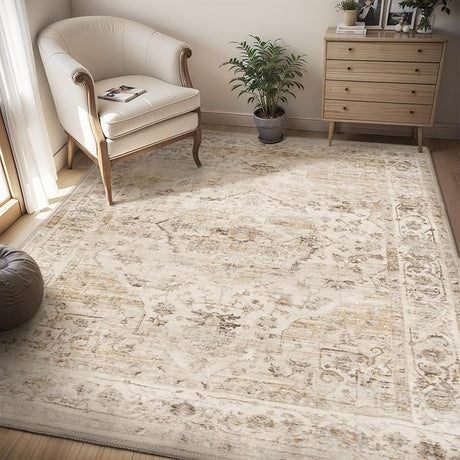 Area Rug 5X7 Rugs for Living Room-Vintage Soft Beige Rugs for Bedroom-Non Slip Carpet