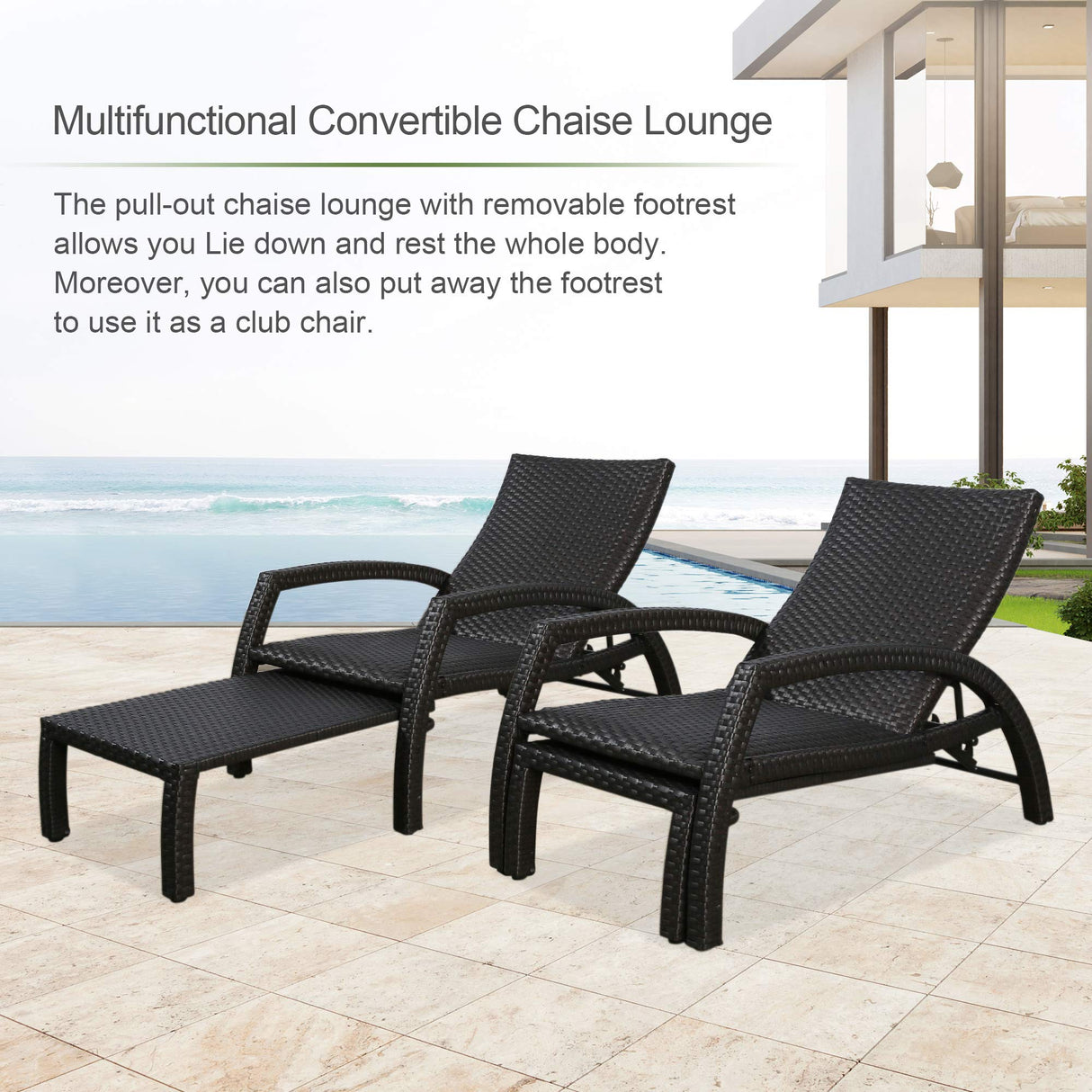 Iwicker Patio Convertible Handwoven Rattan Chaise Lounge Chairs Outdoor Steel Frame Wicker Adjustable Recliners with Quick Dry Foam Filling, Set of 2