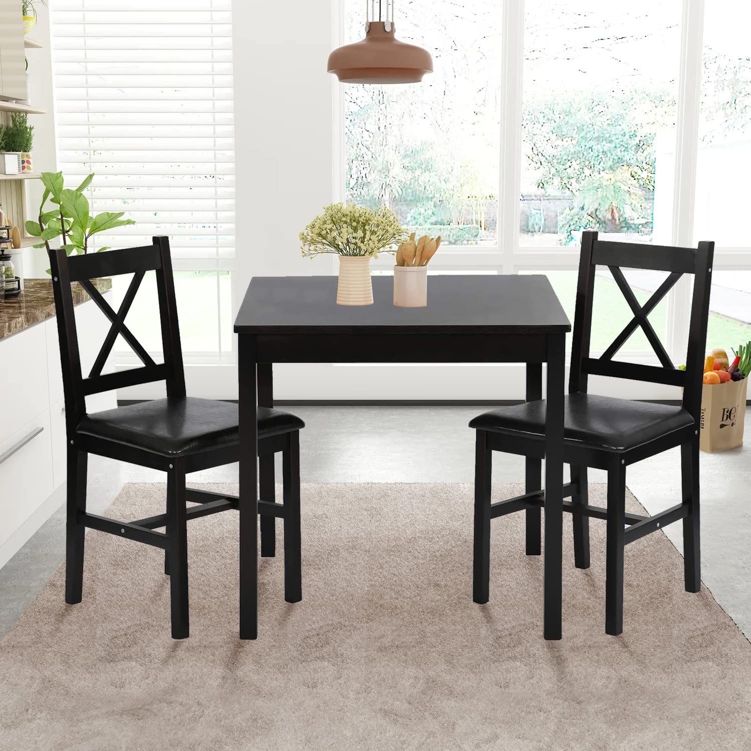 3-Piece Solid Pine Dining Table Set for 2 - Dark Brown