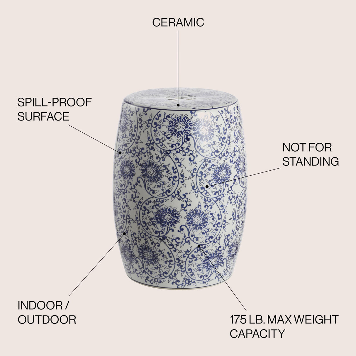 TBL1009A Lotus Blossom 17.5" Chinoiserie Ceramic Drum Garden Stool Bohemian, Coastal, Classic, Cottage,