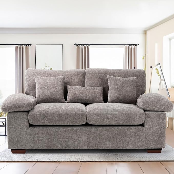 Room Loveseat Sofa Couch, 73" Love Seat Couch Sofa, Upholstered Chenille Living Room Sofa with Extra 3 Pillows, Removable Back Cushion-DarkGrey