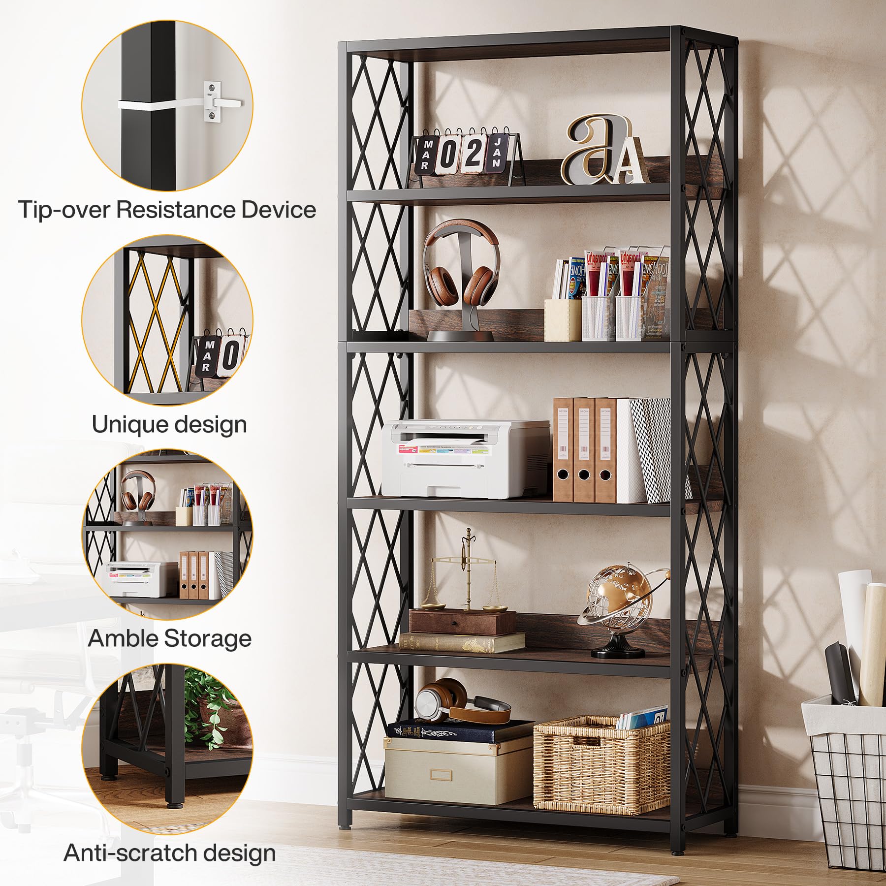 Tribesigns 67 Inch Book Shelf, 5 Tier Industrial Etagere Bookcase with Open Shelves, Tall Bookshelf for Living Room, Bedroom, Home Office (Brown + Black)