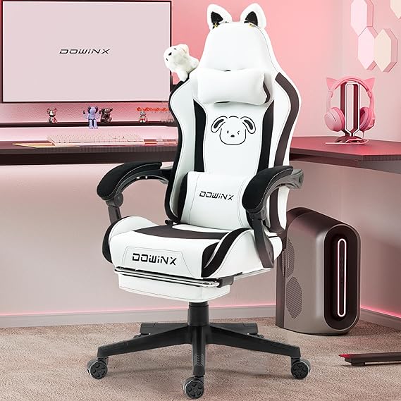 Gaming Chair Cute with Cat Ears and Massage Lumbar Support