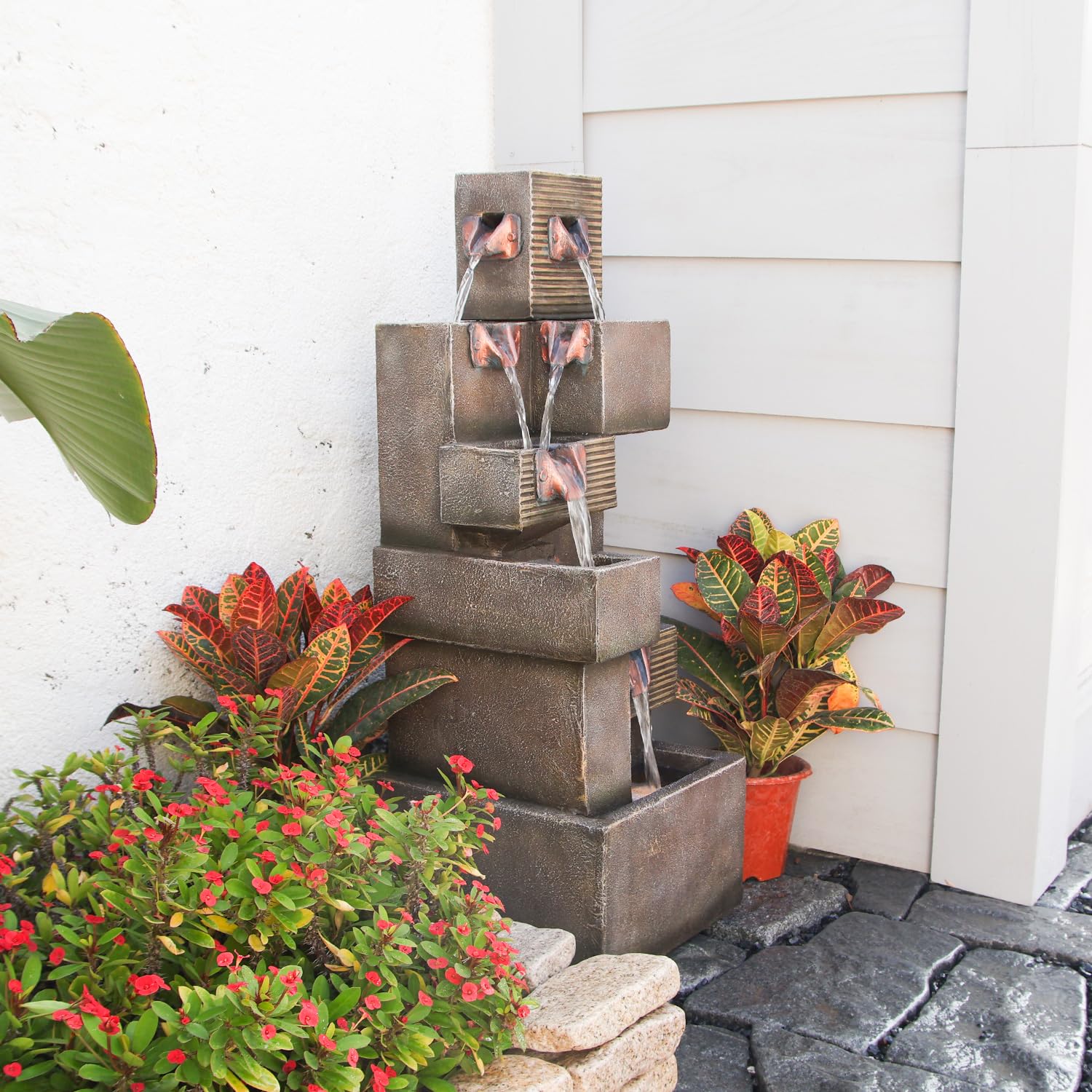 Outdoor Water Feature Fountain Tiered Waterfall Indoor Freestanding Cascade Fountains Modern Cube Style
