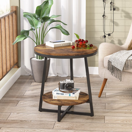 End Table, 2 Tier Round Side Table Accent Table for Living Room, Rustic Brown