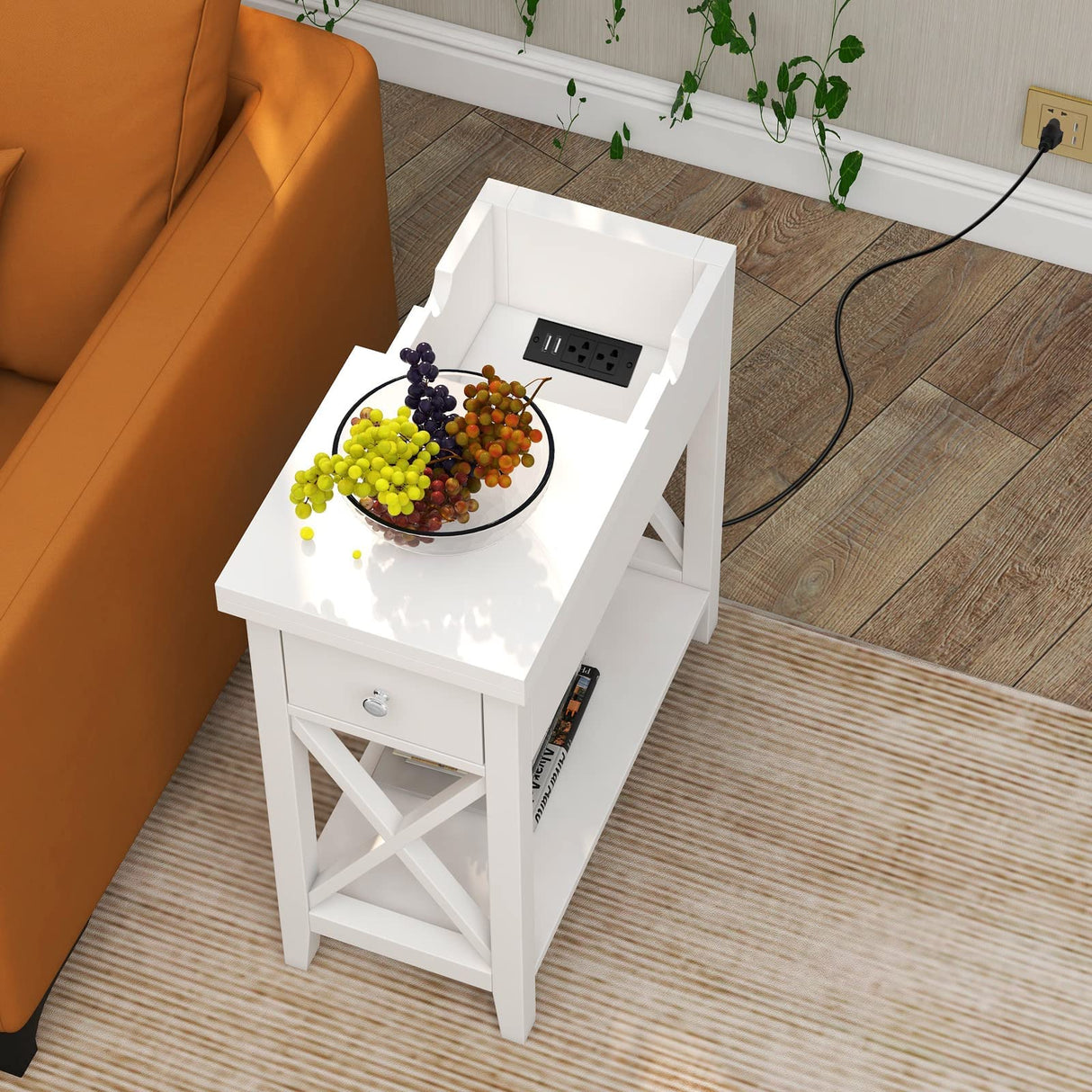 End Table with Charging Station, Narrow Side Table with USB Ports and Outlets