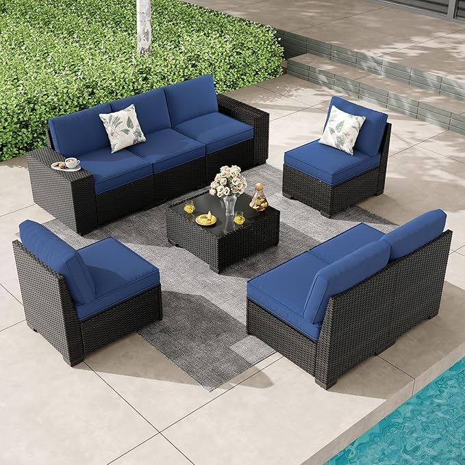 6 Pieces Outdoor Patio Furniture Set, Wicker Conversation Sets with Tea Table