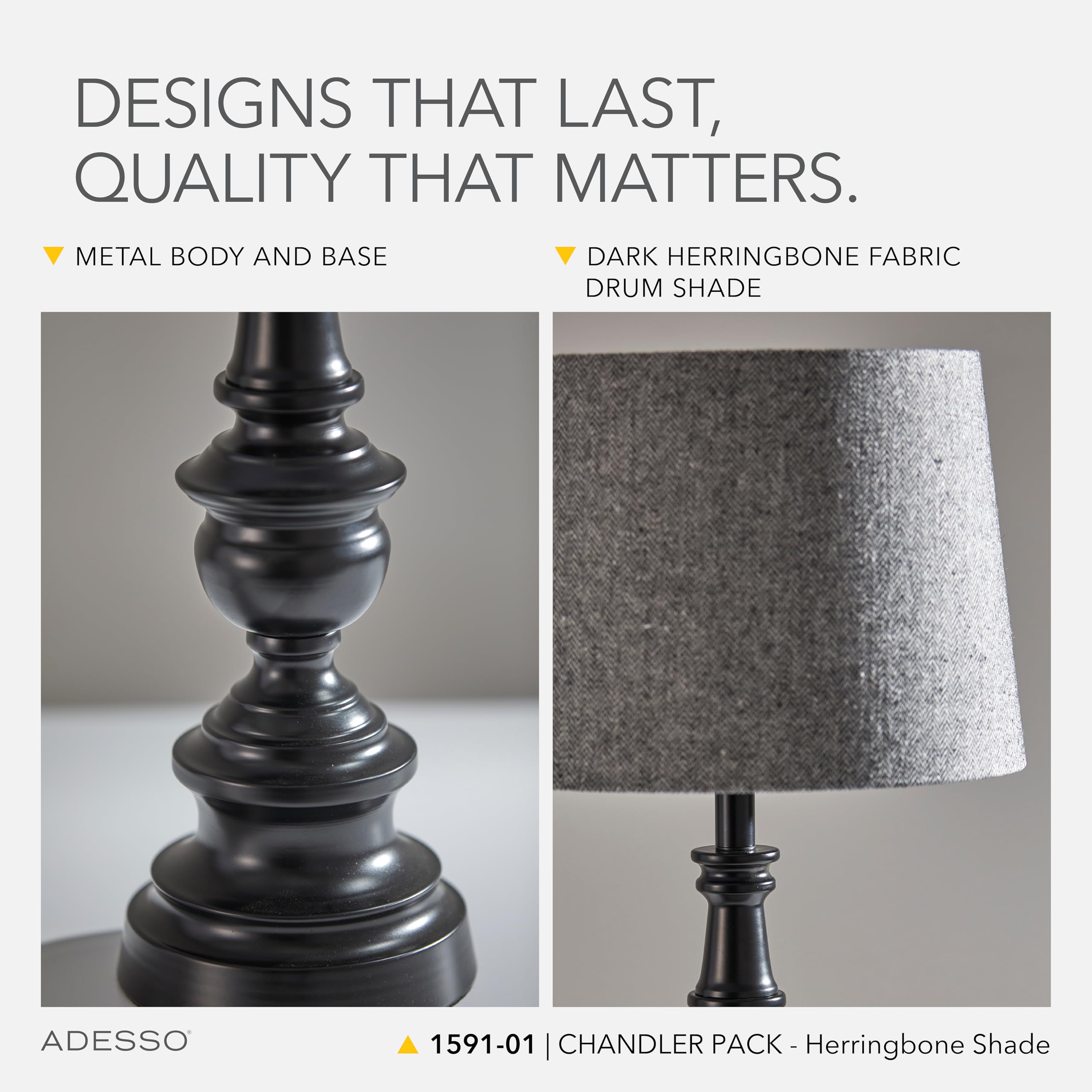 3-Piece Lamp Set with Bronze Base & Dark Herringbone Shade