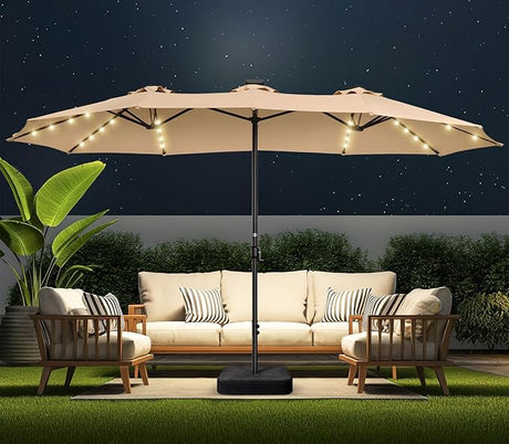 Double Sided Patio Umbrellas - 15ft Solar Lights LED Lighted Outdoor