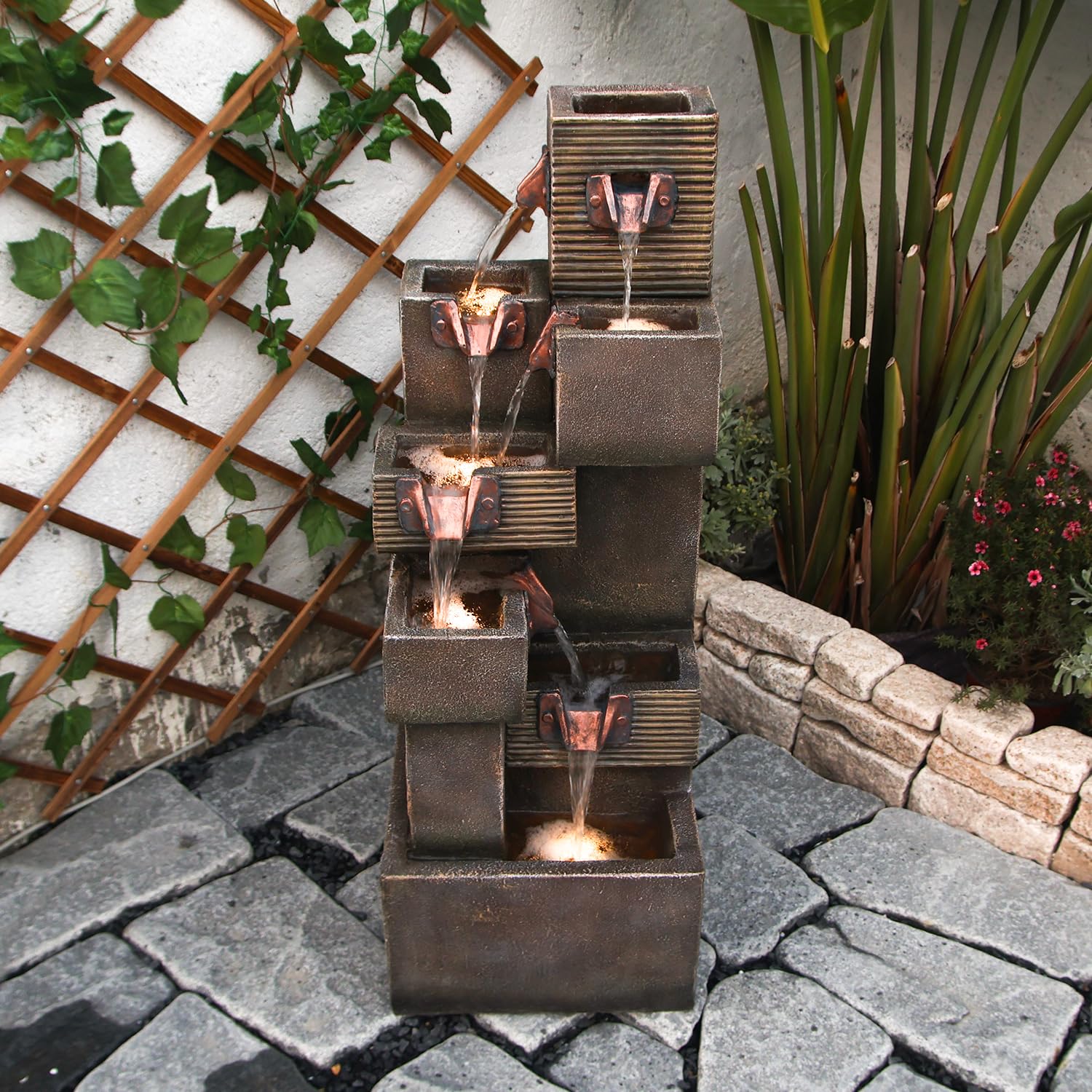 Outdoor Water Feature Fountain Tiered Waterfall Indoor Freestanding Cascade Fountains Modern Cube Style