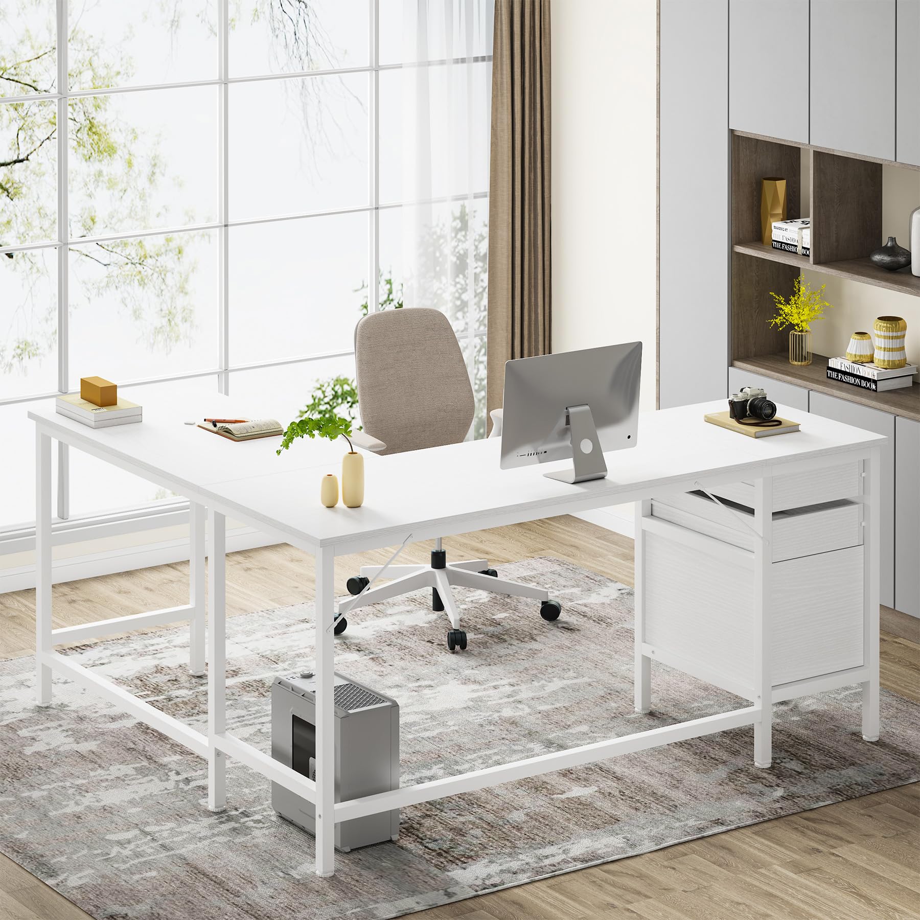 L Shaped Desk with File Drawer Cabinet, 59 Inch Corner Desk L Shaped Computer Desk