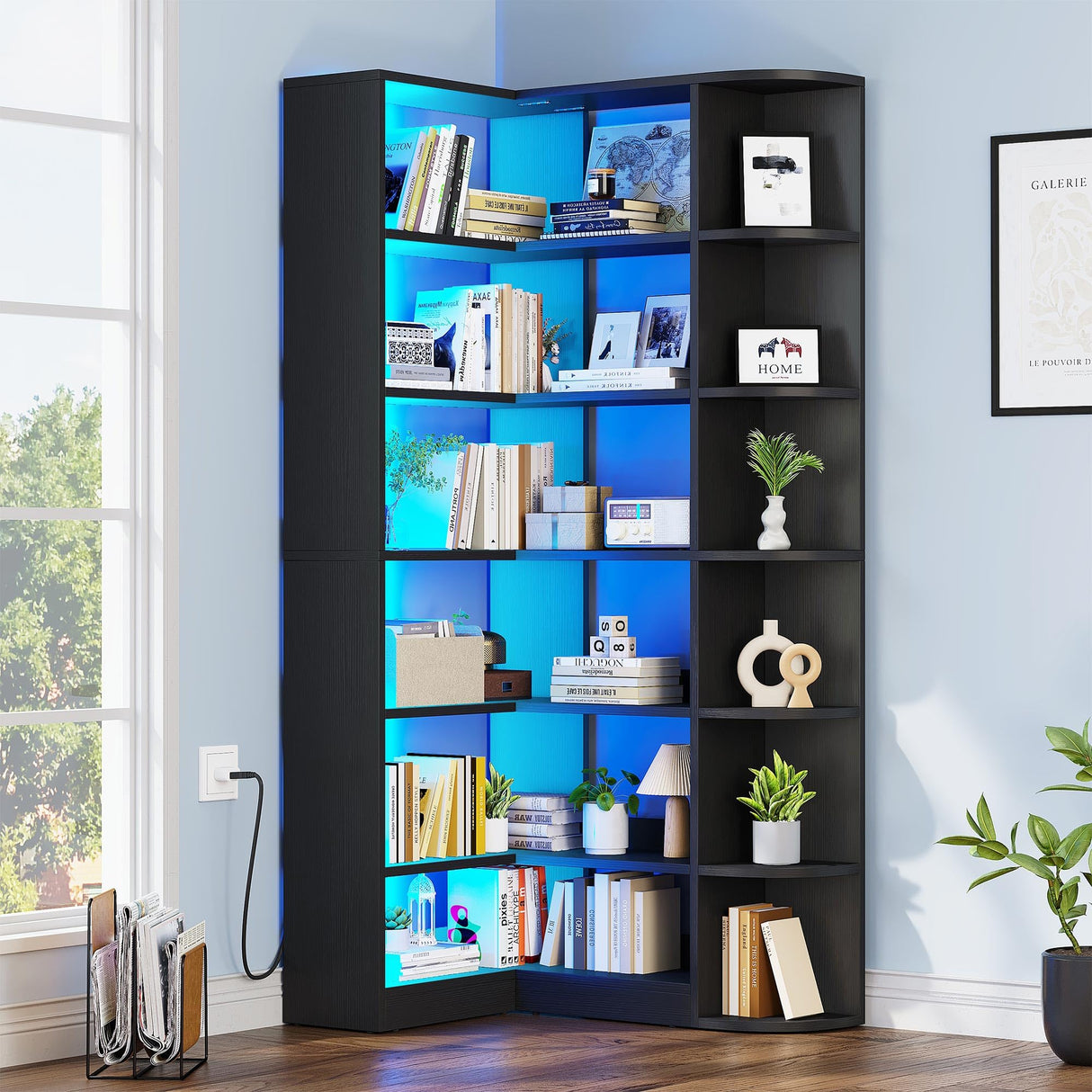 6 Tier Corner Bookshelf with LED Light, Black Bookshelf L-Shaped Bookcase Storage