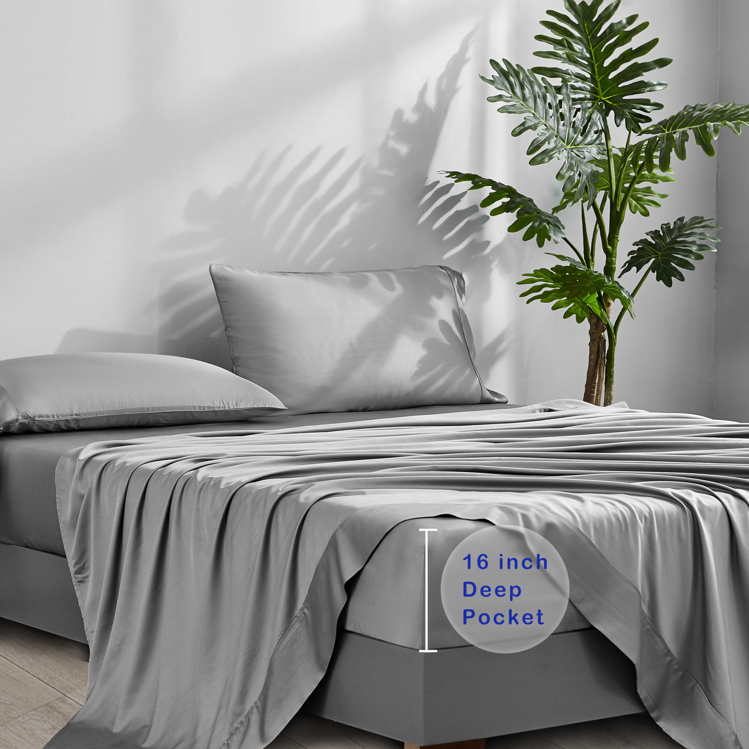 Cooling Sheets King Size Grey - Viscose Made from Bamboo, Luxury Hotel Sheet Set