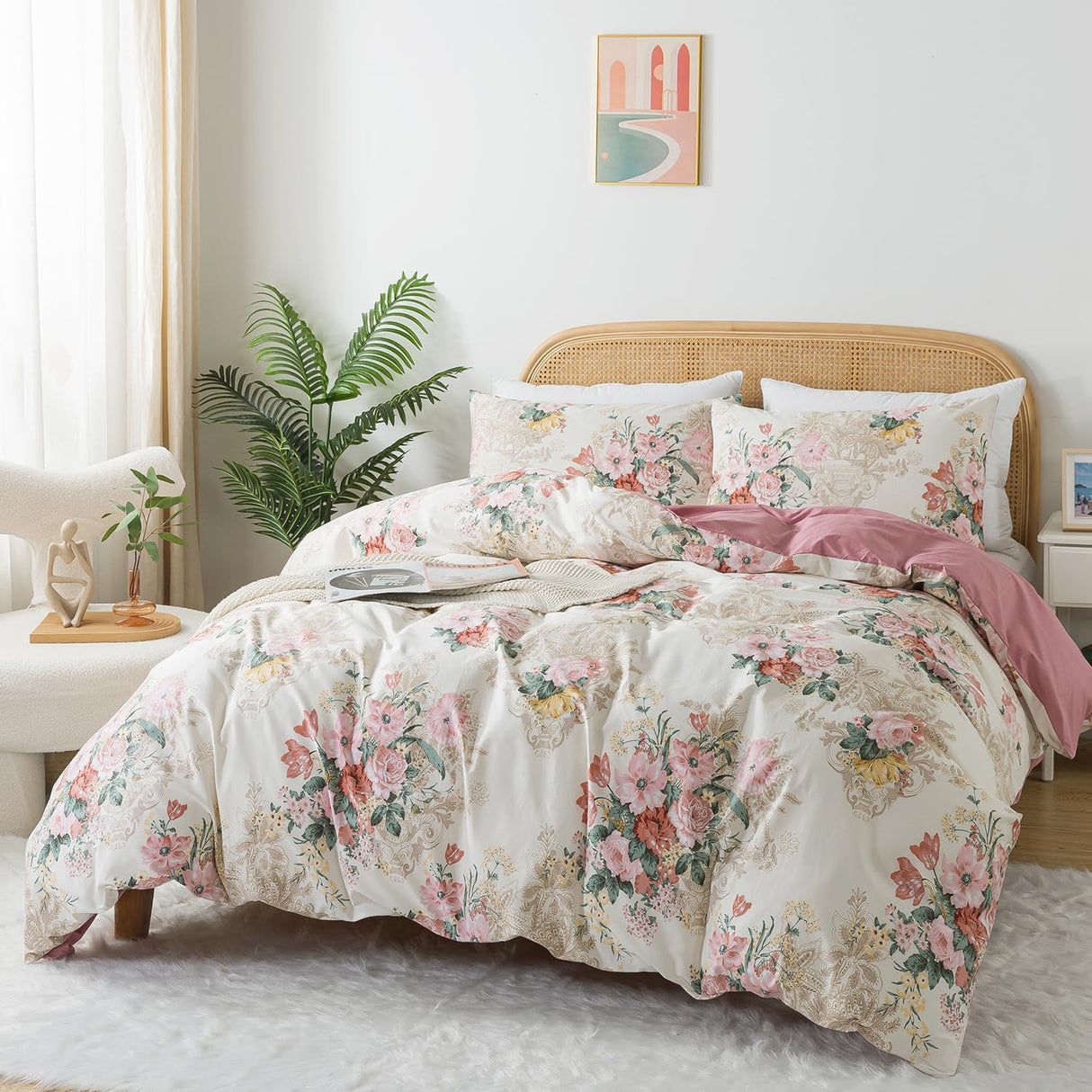 Shabby Floral Duvet Cover Set King Size 100% Cotton Pink Flower Bedding Retro Blush