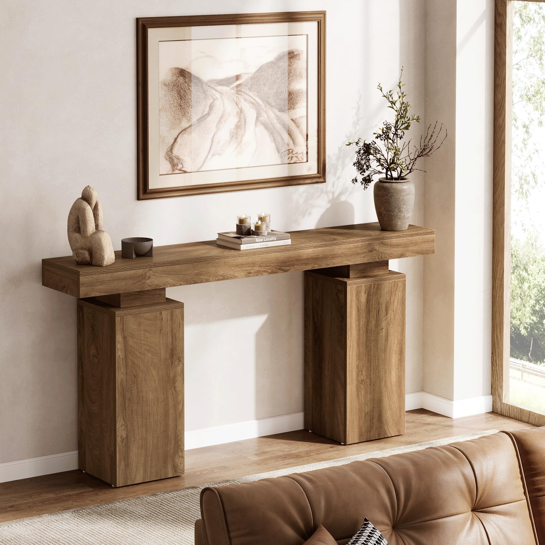63-Inch Farmhouse Console Table - Natural Wood Finish