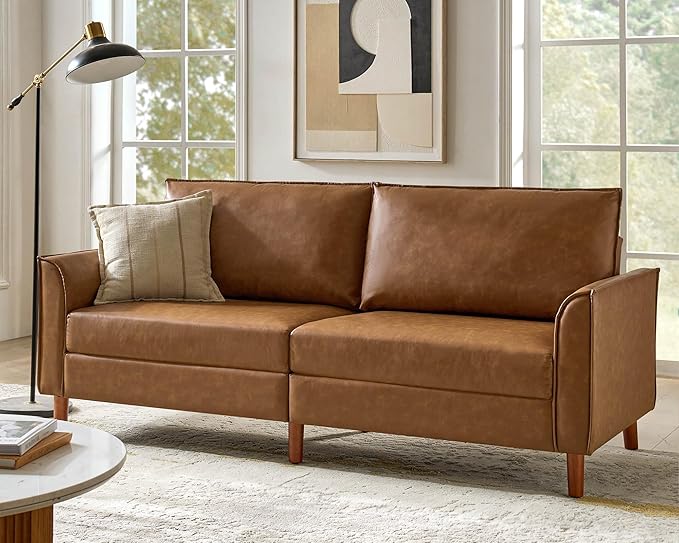 78" Faux Leather Sofa with Solid Wood Legs, Mid-Century Modern PVC Leather Couch