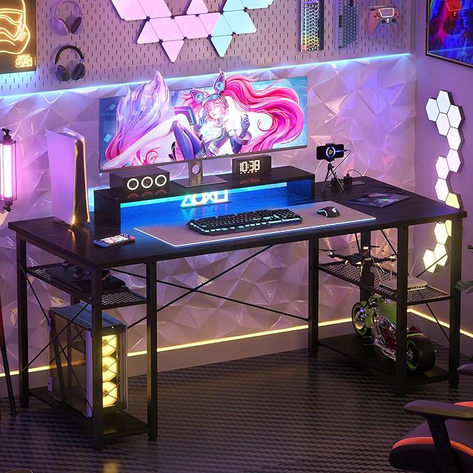 47 Inch Gaming Desk - Computer Desk with LED Lights & Power Outlet, Home Office Writing Desk
