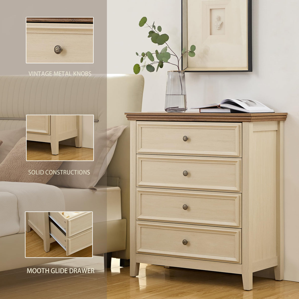 BOSHIRO 4 Chest of Drawers, Dresser for Bedroom,Modern 4 Drawers Dresser for Living Room,Beige Storage Drawer Cabinet with Wood Grain Pattern for Bedroom