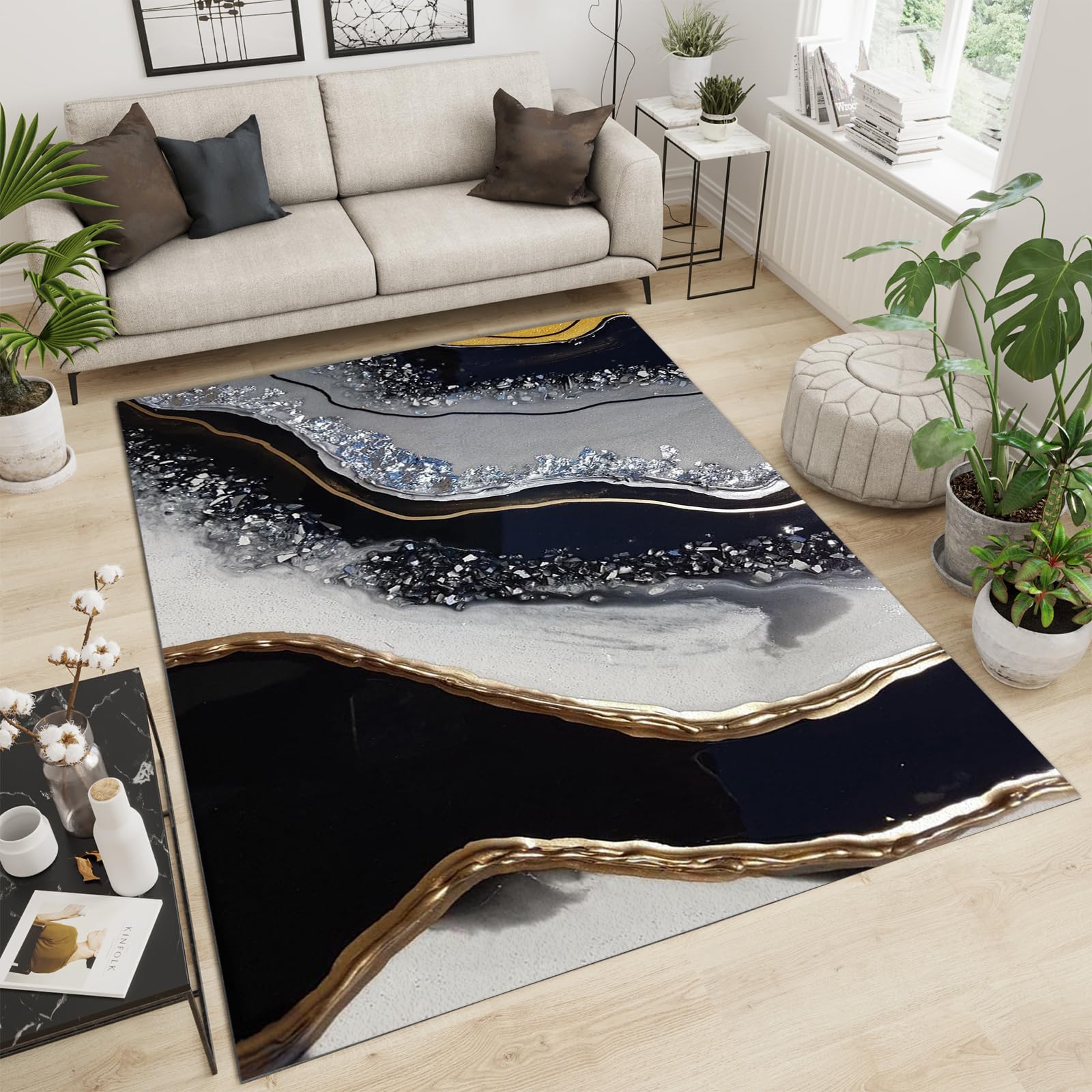 Abstract Style Rug, Black and White Floor Carpet, Soft Comfy Washable Non-slip Modern