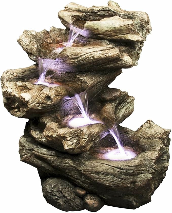 32" Cottage Log Garden Fountain: Tiered Outdoor Water Feature for Gardens & Patios. Weatherproof Resin, Hand-Crafted, w/LED Lights.