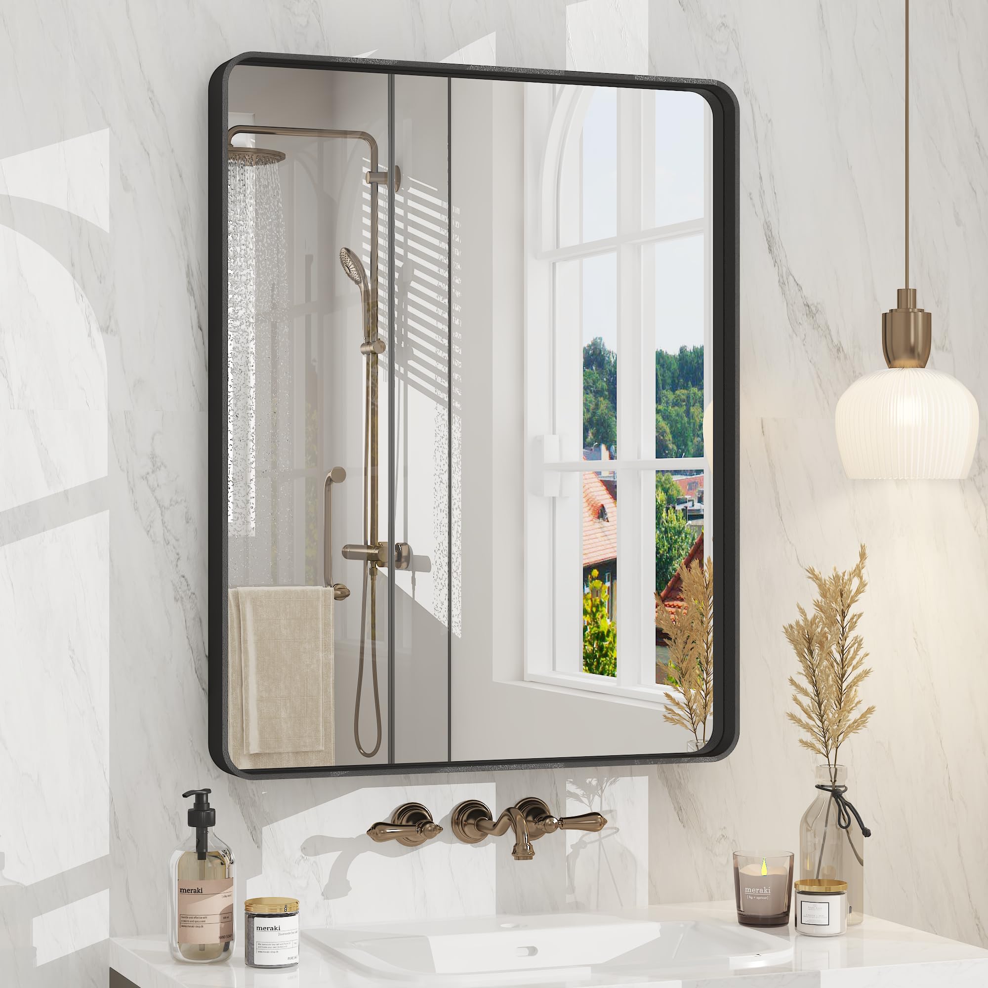 CHARMOR 24x30 Inch Black Metal Framed Bathrrom Mirror for Wall, Matte Black Rectabgle Mirror, Rounded Corner, Anti-Rust (Horizontal/Vertical)
