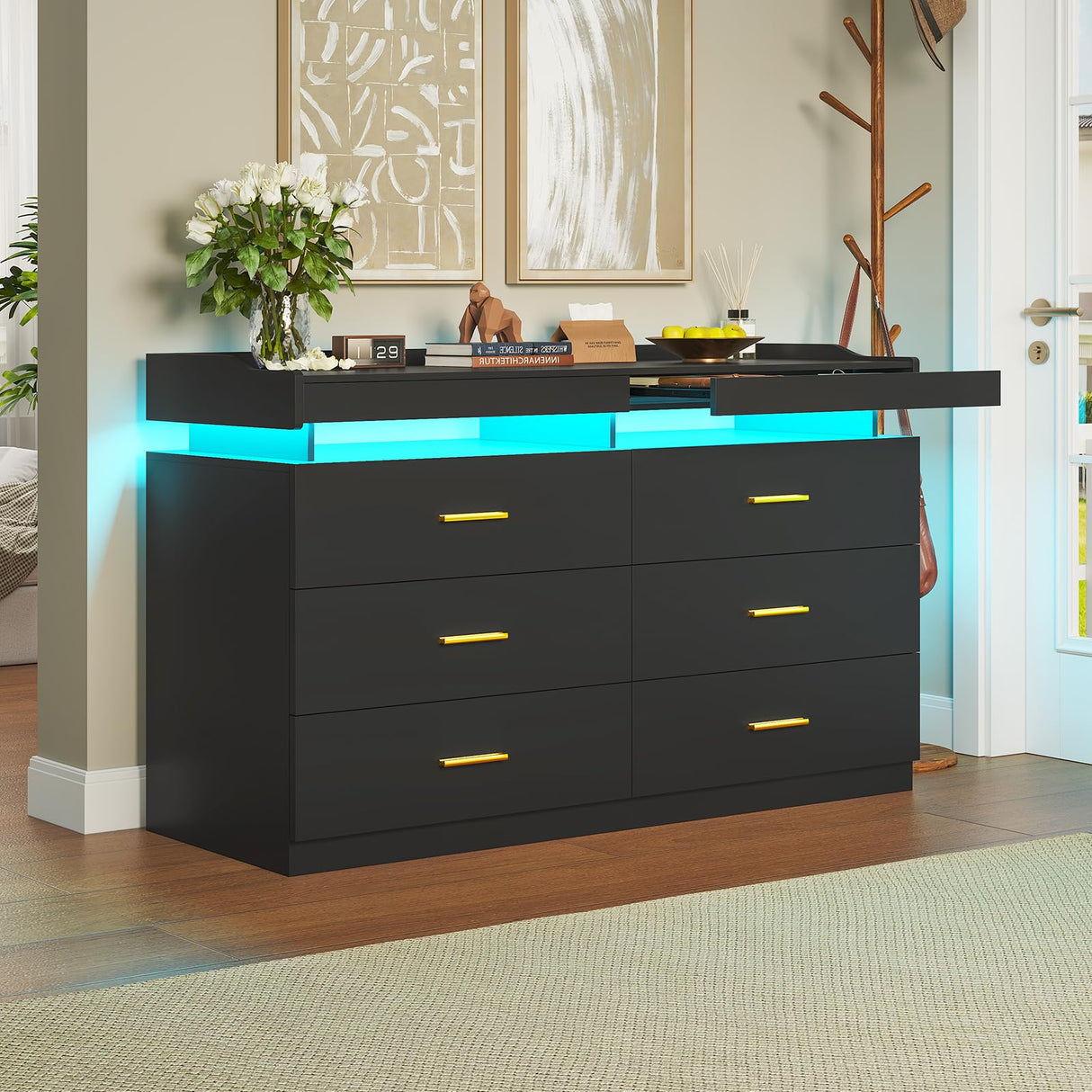 LED Dresser for Bedroom Wood, 6 Drawer Dresser with 2 Pull-Out Trays