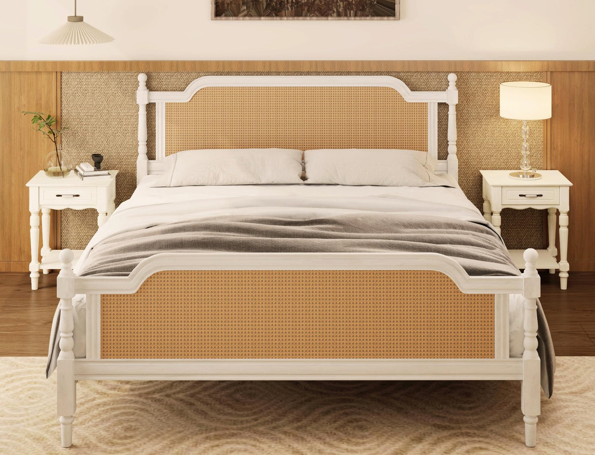 Queen Platform Bed Frame with Rattan Headboard - Traditional Pine Wood