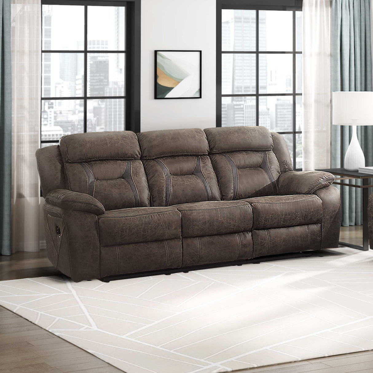 Homelegance Reclining Couch, Polished Microfiber Manual Double Recliner Sofa, Dark Brown