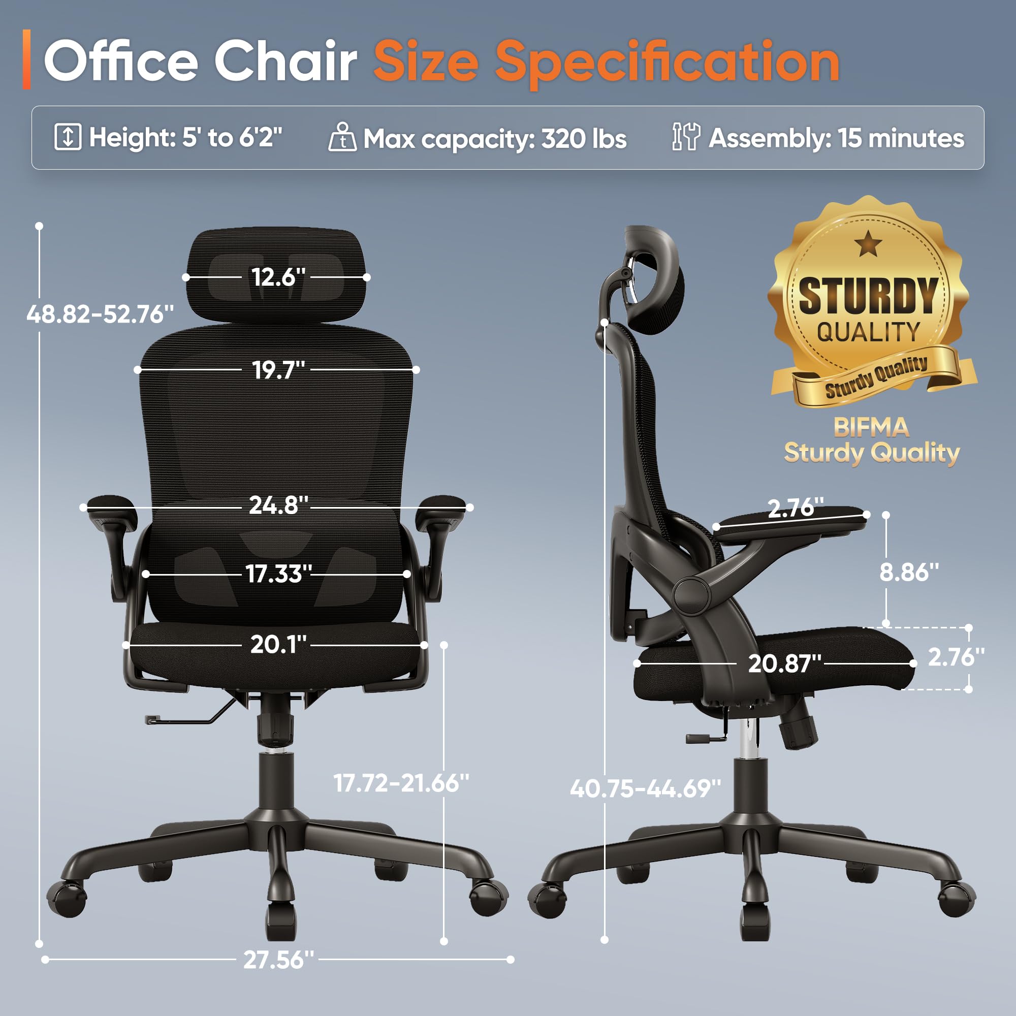 Office Chair, High Back Mesh Desk Chair with Adjustable Lumbar Support, 3D Flip