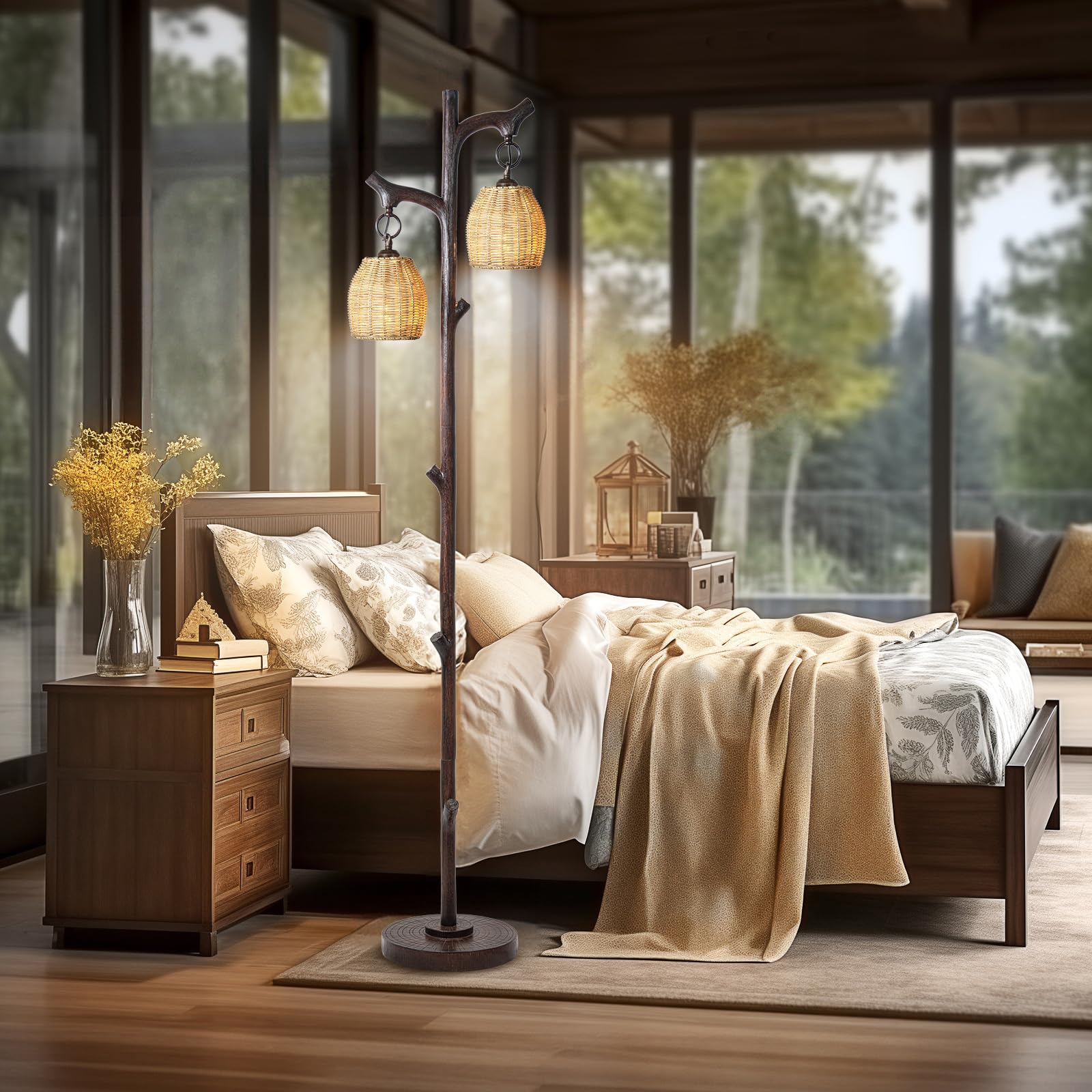 Farmhouse Floor Lamp – 68” Rustic Tree Trunk Lamp with Wicker Drum Shades