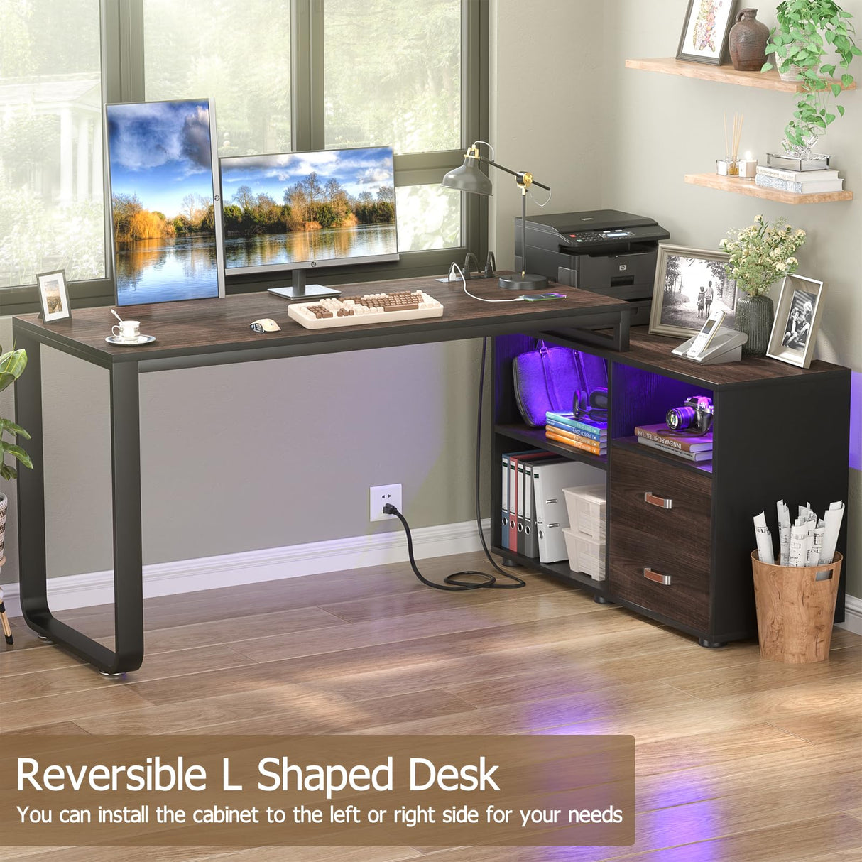 L Shaped Desk with File Cabinet & Power Outlet, Reversible 55 Inch Large Corner