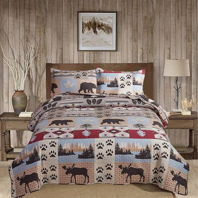 Reversible Lodge Plaid Bedding Moose Bear Quilt Full/Queen Size Rustic Bedspread Cabin