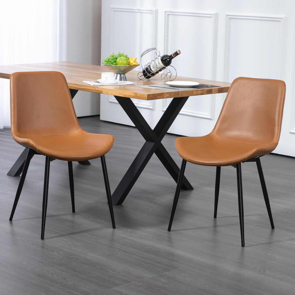 Set of 2 Alary Caramel Brown Faux Leather Modern Dining Chair with Black Iron Legs