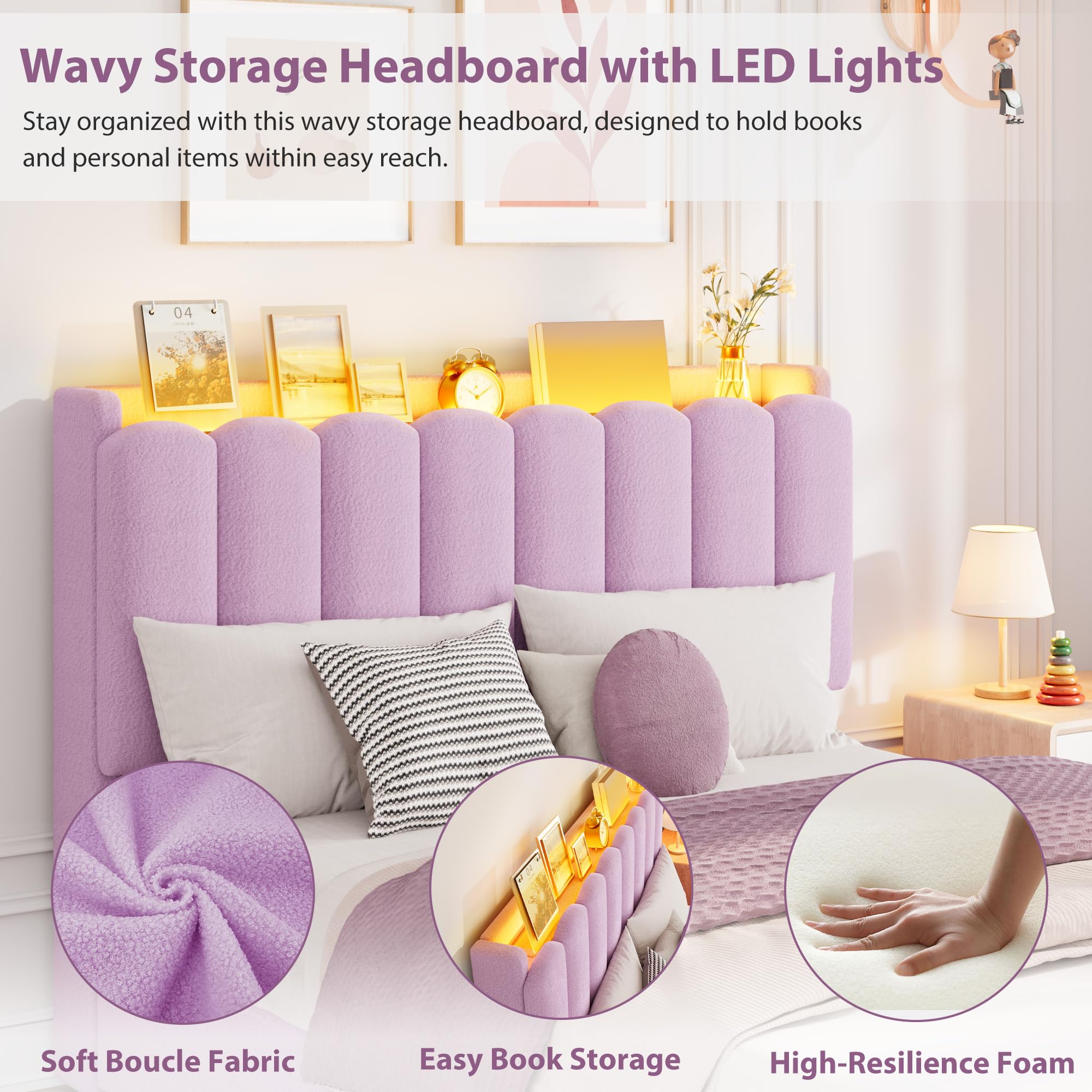Full LED Bed Frame with Storage Drawers & Bookcase Headboard