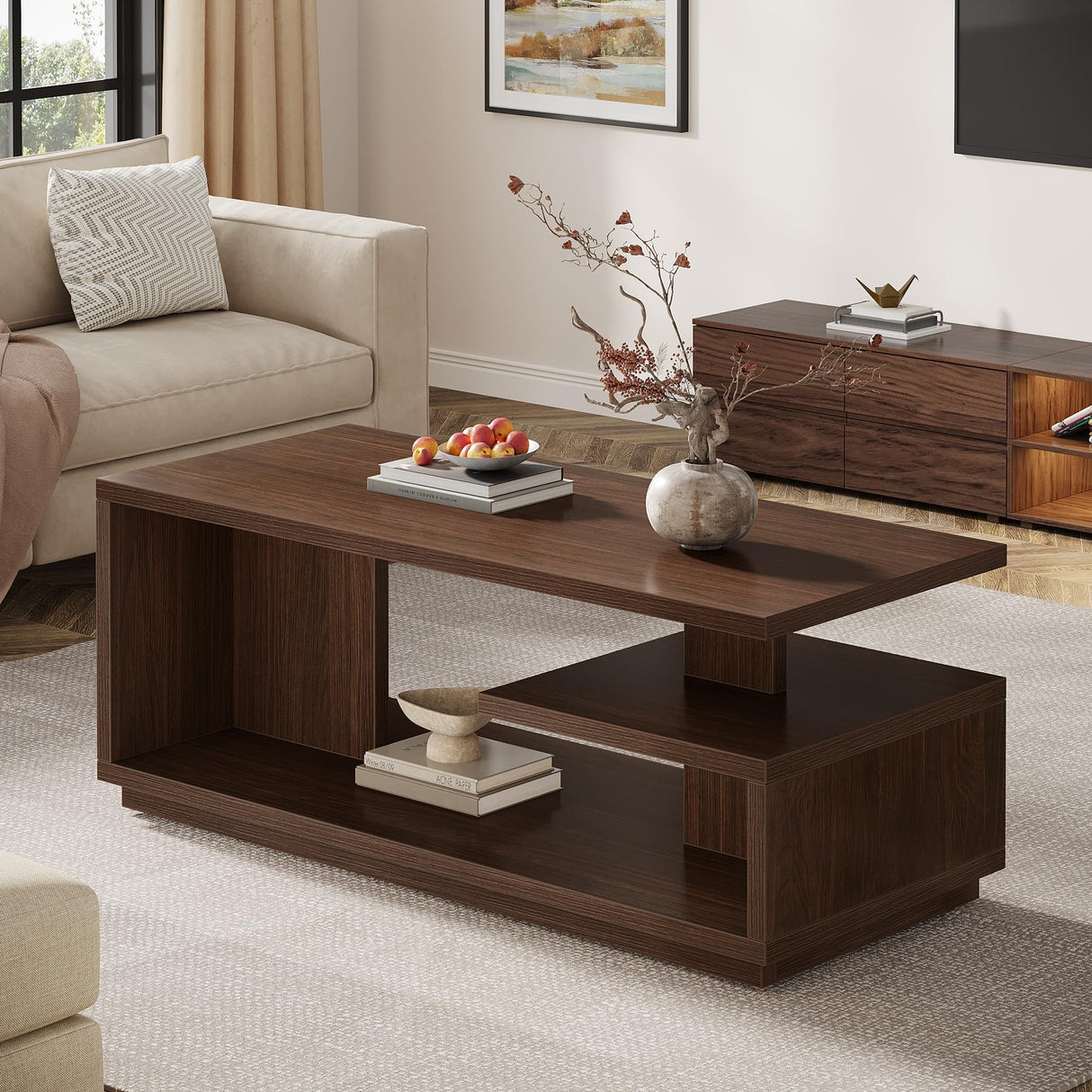 47.24" Coffee Table with Storage Shelf, Mid-Century Modern Center Table
