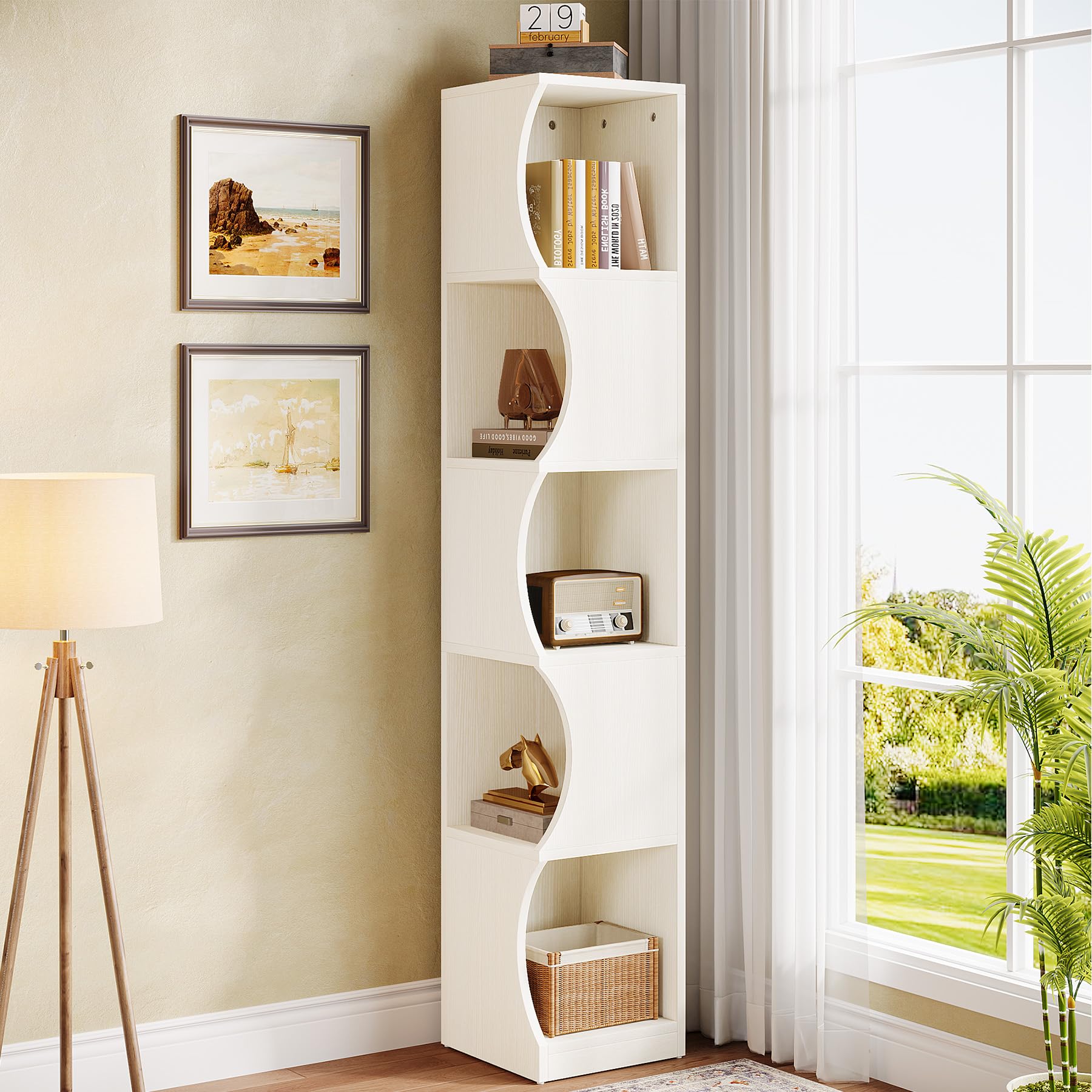 Narrow Corner Shelf, 67.3" Tall White Corner Bookshelf, Modern Bookcase with Storage