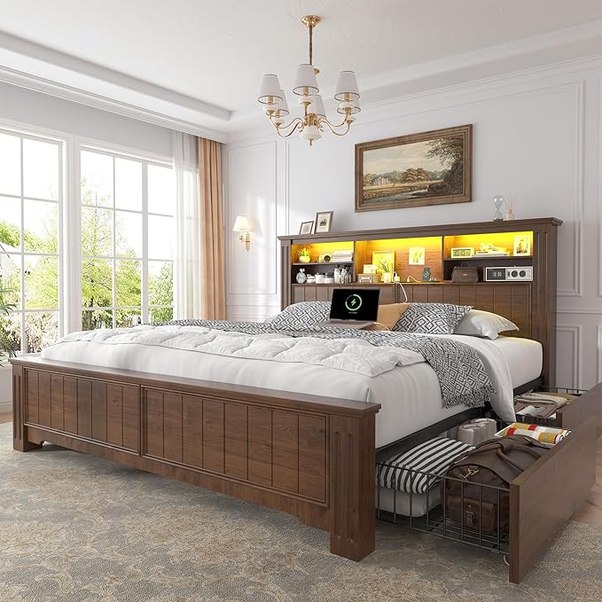 Headboard and Storage, 4 Drawers & LED & USB Bed Frame Queen Size with Storage