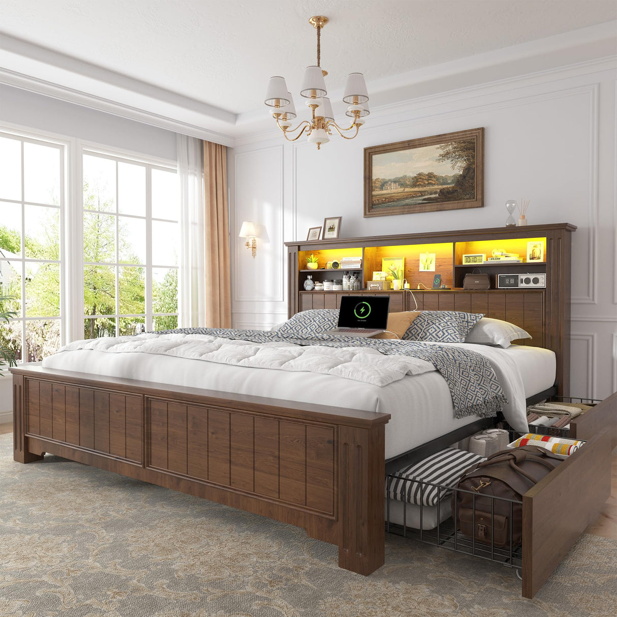 Headboard and Storage, 4 Drawers & LED & USB Bed Frame Queen Size with Storage