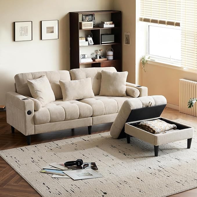 77" L-Shaped Sofa, Loveseat with Ottoman, Chenille Cloud Sofa with Chaise