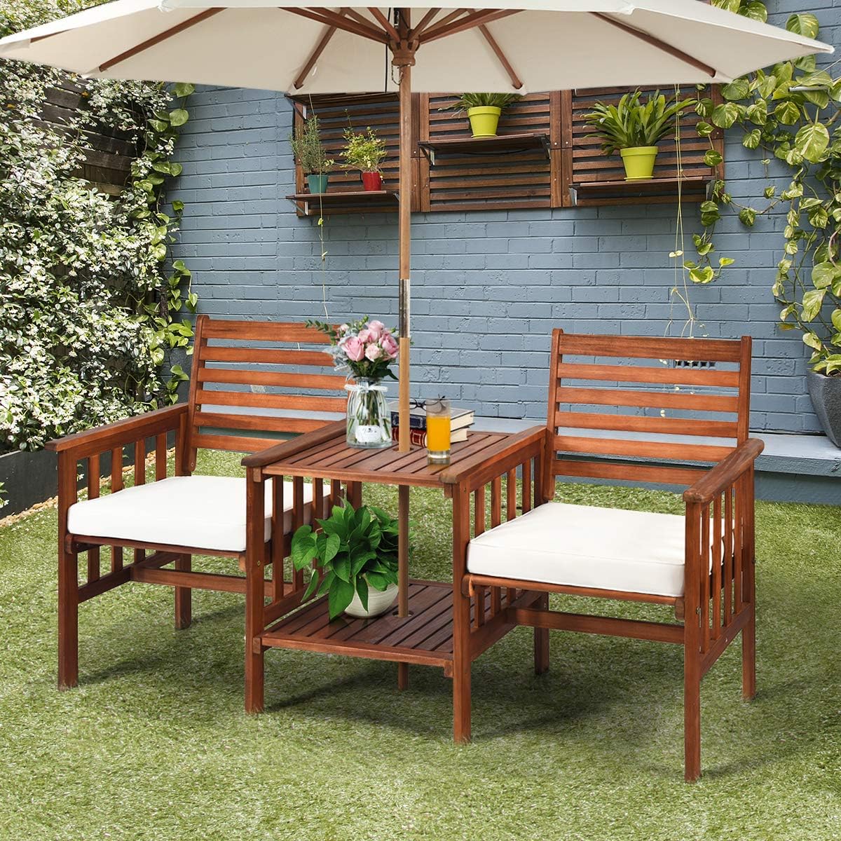 Wood Loveseat, 3pcs Outdoor Table Chairs Set, Patio Conversation Set w/Coffee Table