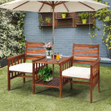 Wood Loveseat, 3pcs Outdoor Table Chairs Set, Patio Conversation Set w/Coffee Table