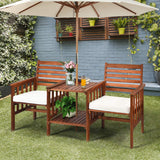 Wood Loveseat, 3pcs Outdoor Table Chairs Set, Patio Conversation Set w/Coffee Table