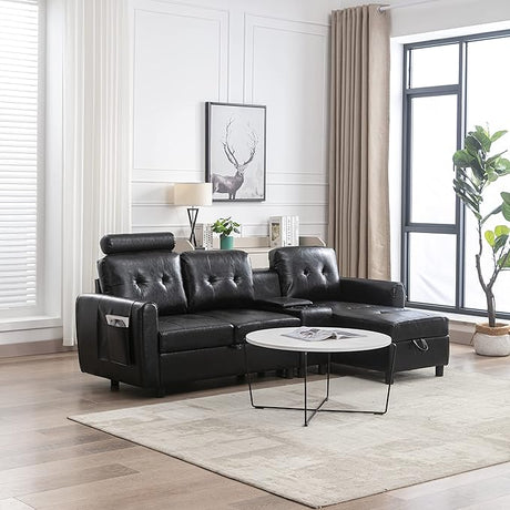 Modern L-Shaped Sofa Bed with Chaise Longue, Black 3-Seat Couch with Pull-Out Bed and Storage