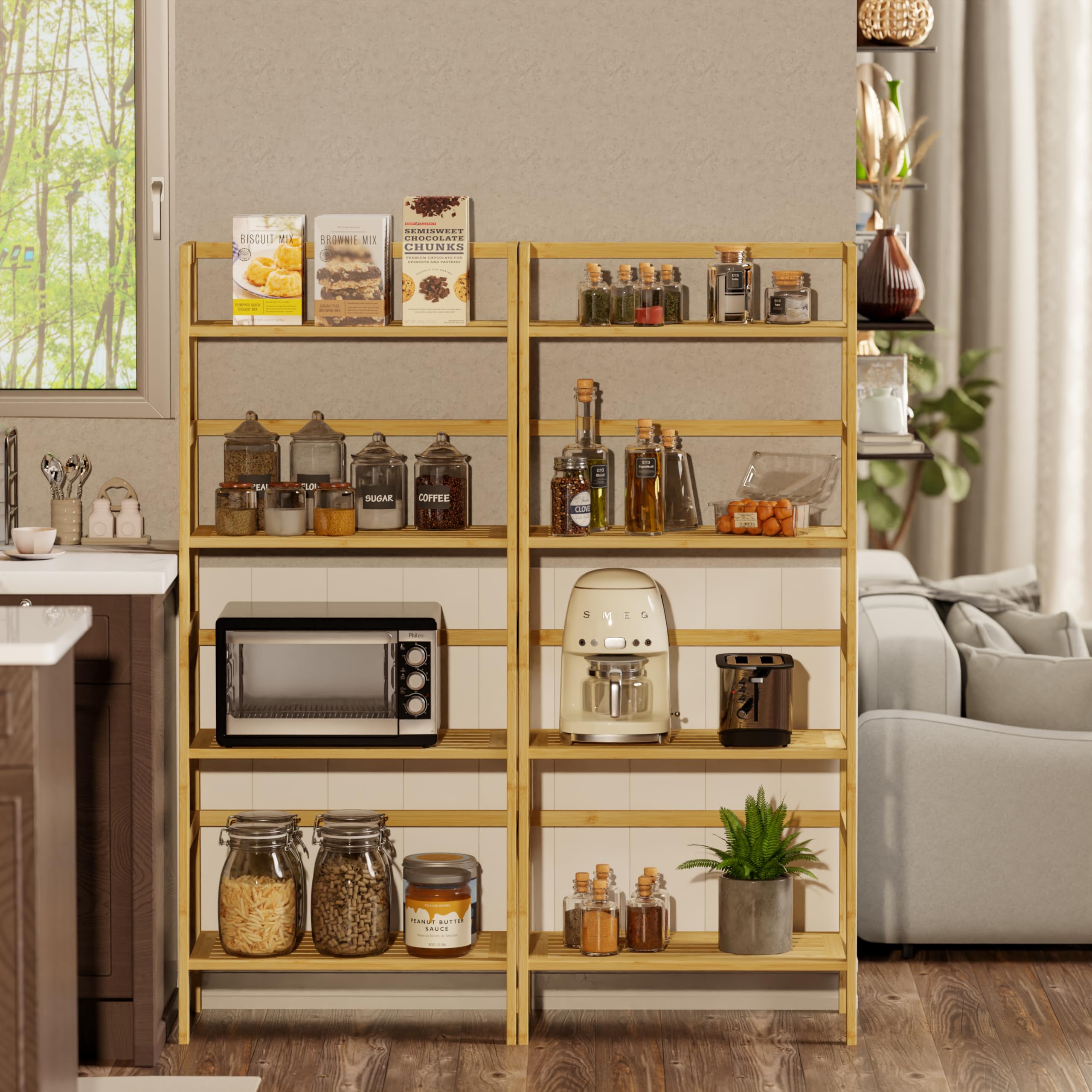Ladder Shelf, 4-Tier Bookshelf, Bamboo Leaning Bookcase, Display Storage Rack Organizer, Freestanding Flower Plant Stand for Living Room, Home Office, Kitchen, Natural