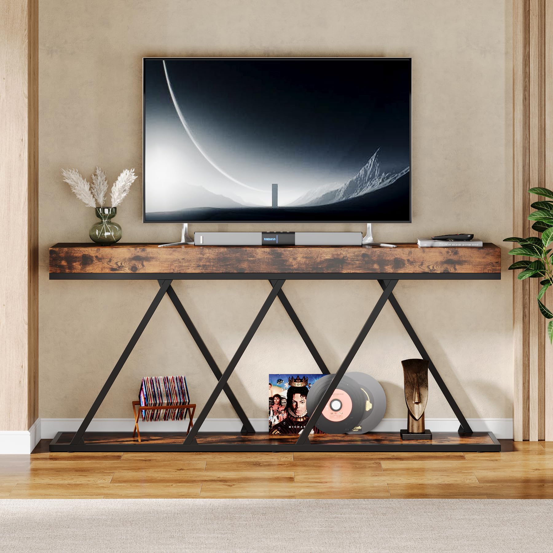 Extra Long Console Table, 70.87" Farmhouse Entryway Table with Unique Metal Base,