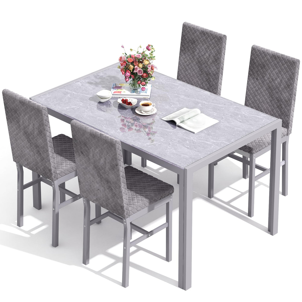 5-Piece Dinning Room Table Set, Glass Kitchen Table with 4 Velvet Chairs,